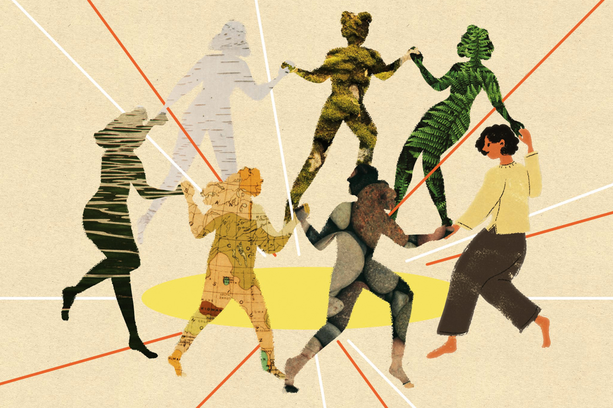 A collage image of people dancing in a circle