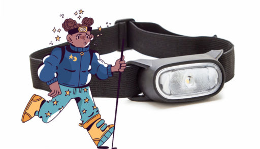 a cartoon character with a hiking stick and a headlamp walking in front of a headlamp on a white background