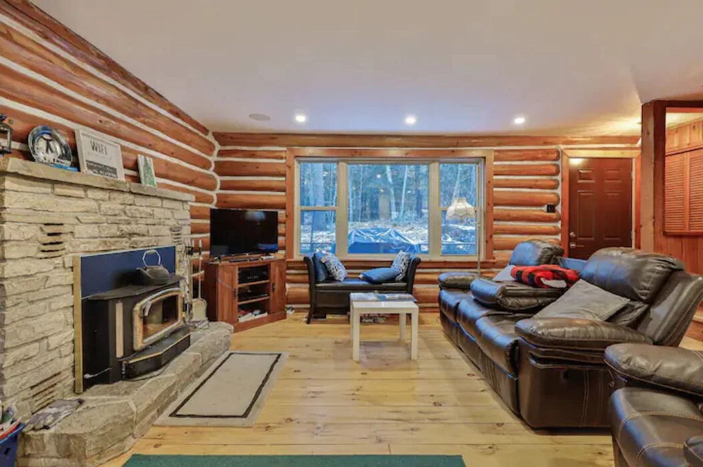 fireplace and leather couches