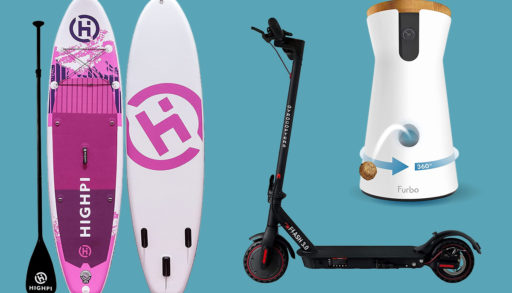 montage of SUP, scooter, furbo