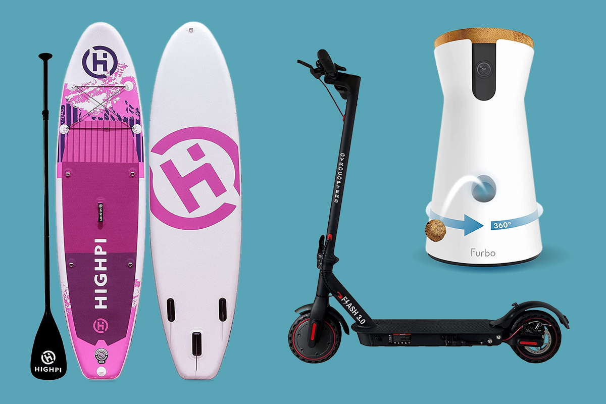 montage of SUP, scooter, furbo