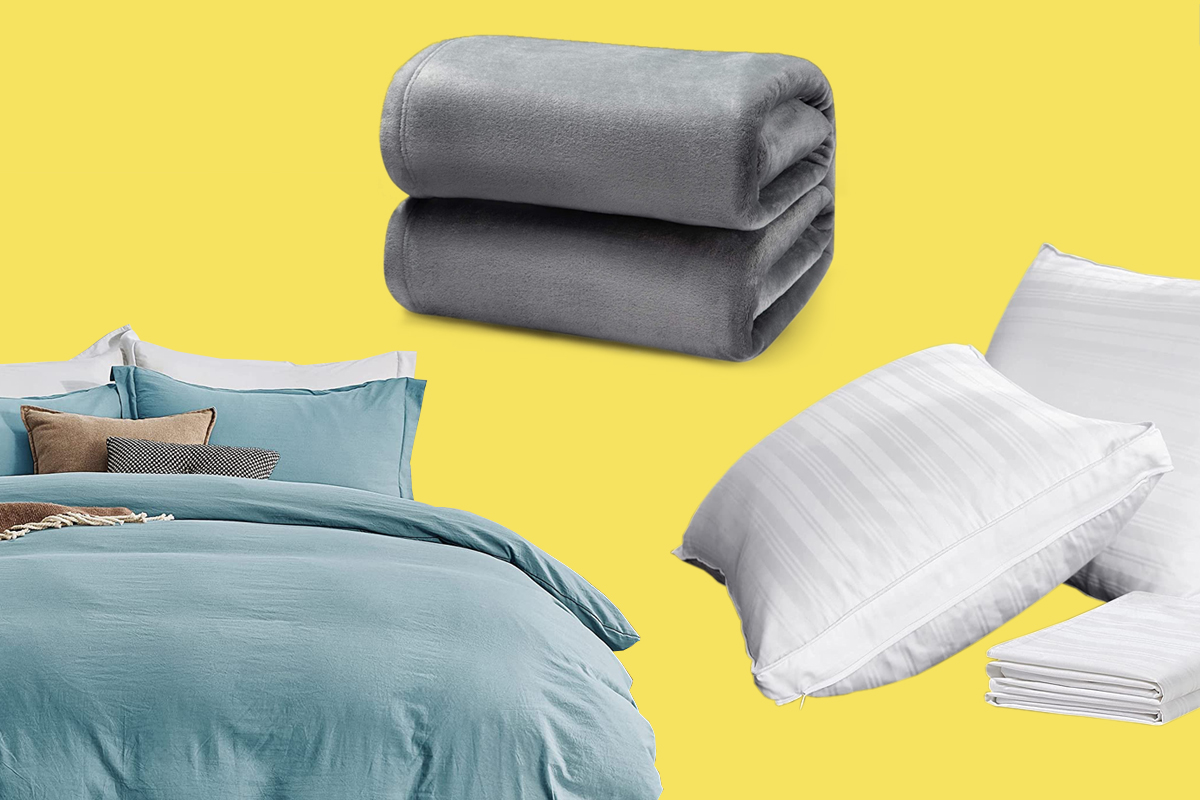 a duvet cover set, a throw blanket, and pillow sets on a yellow background