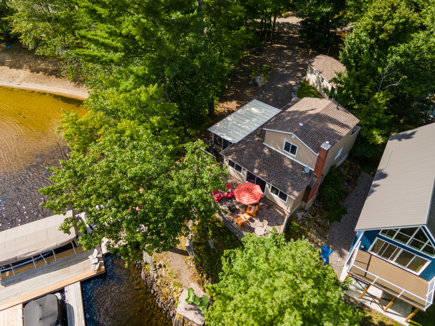 Aerial view of cottage on Kahshe Lake