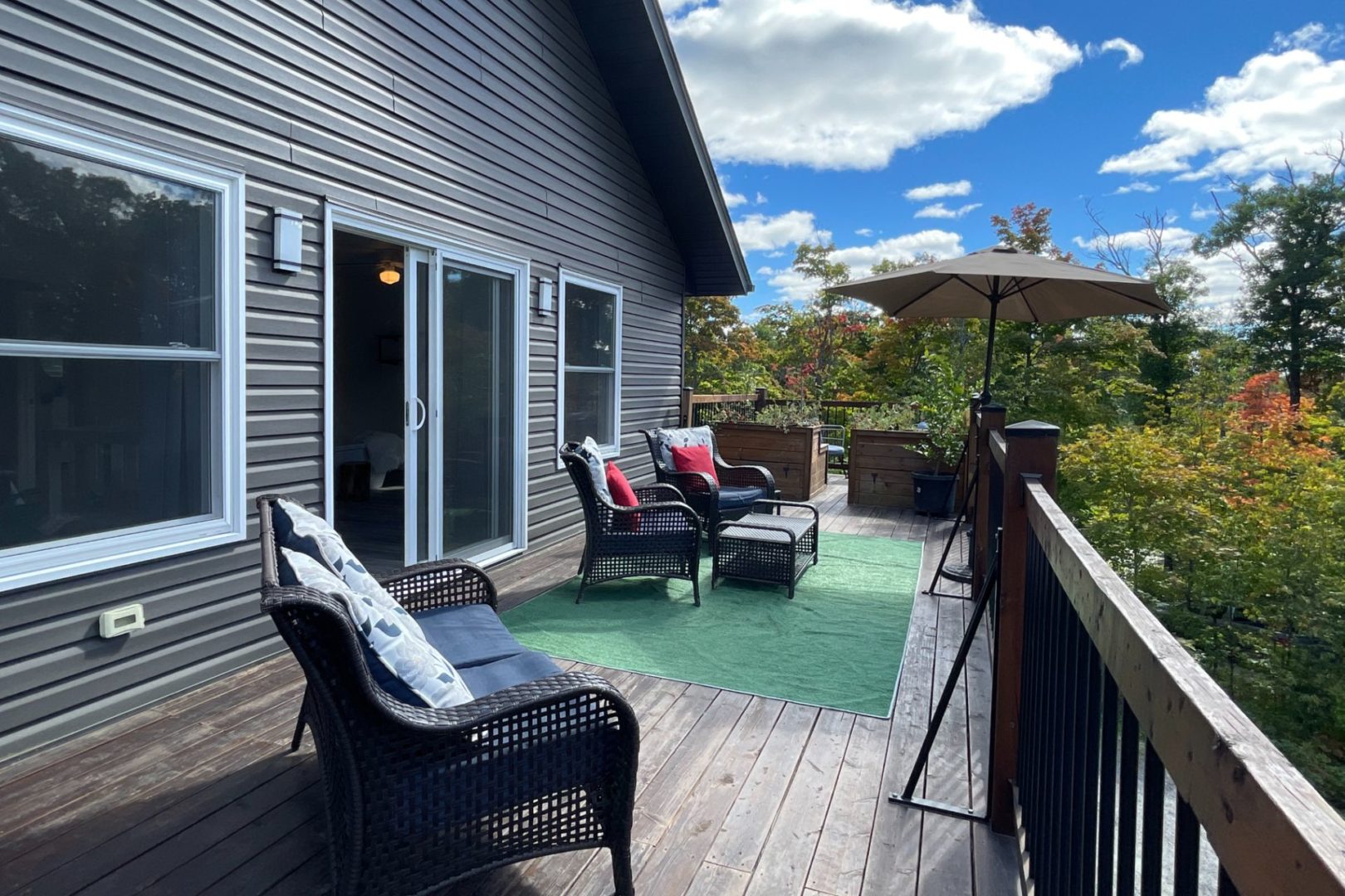 Outside on one of the deck with lounge chairs