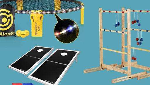 spike ball, corn hole, and ladder ball toss on a blue background