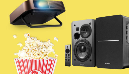 Popcorn in a rub, projector, and a speaker