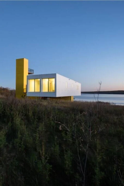 Container cabin exterior facing the lake