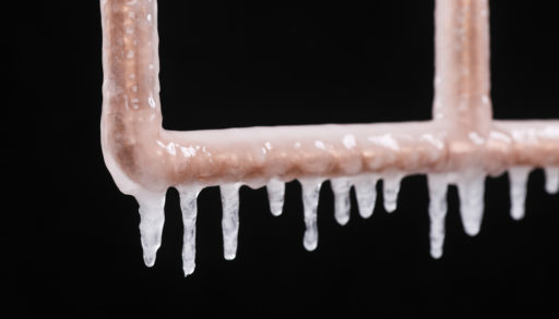 A frozen copper pipe against a black background