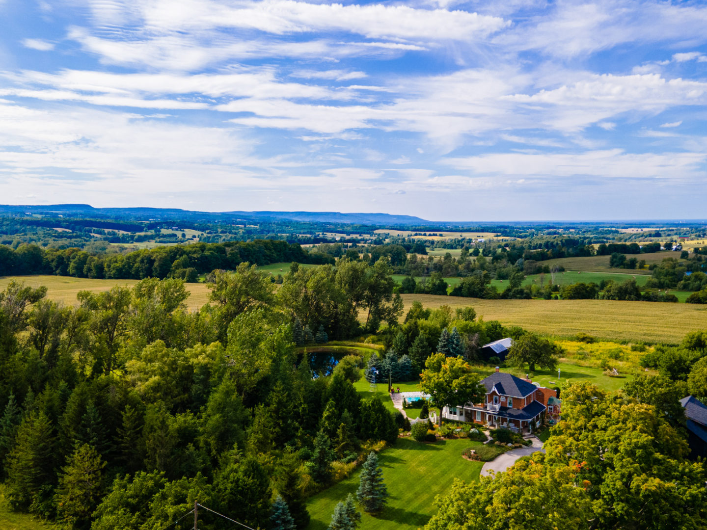 An overhead shot of a large green space with lots of trees and grassy fields. A large house tis in the middle of a tree-lined lot.