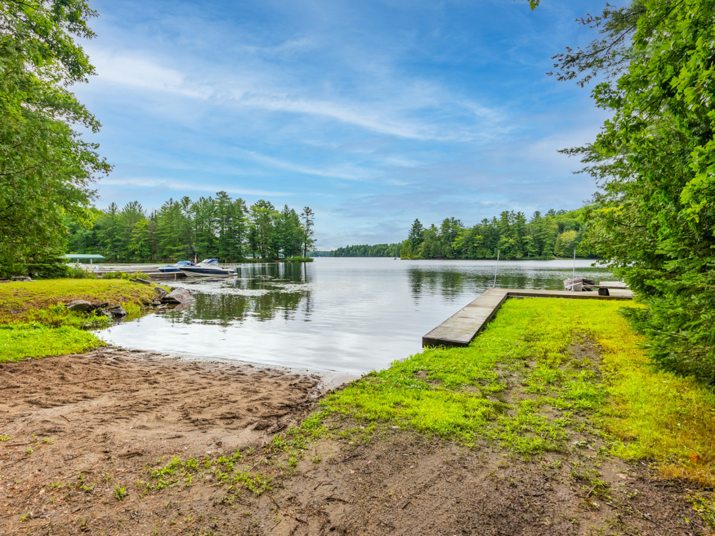 A small sandy shore on a lake.