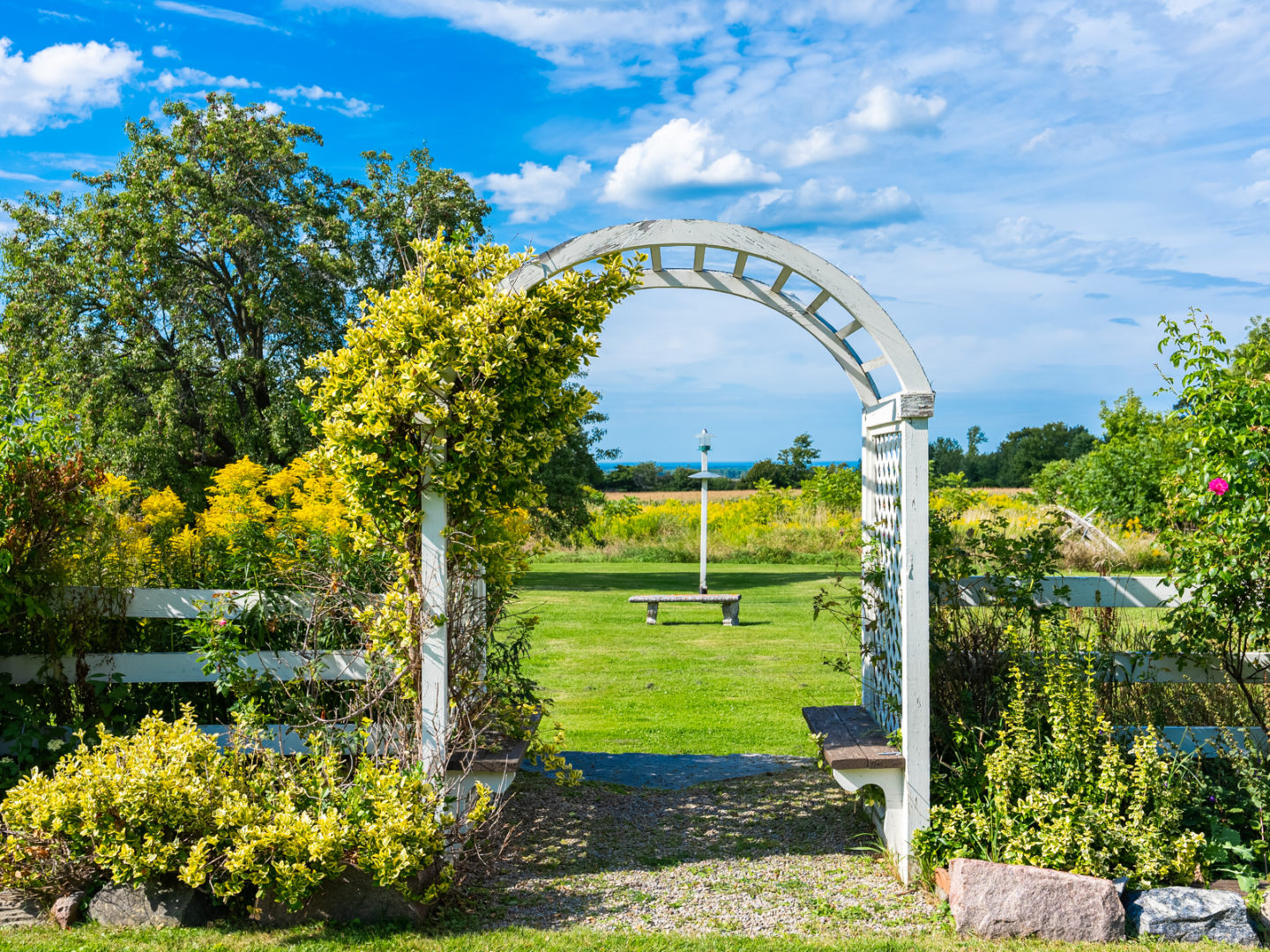 A white wooden archway in a fence, leading into an open grassy field.