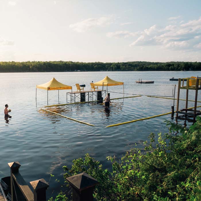 Yellow tents in a lake