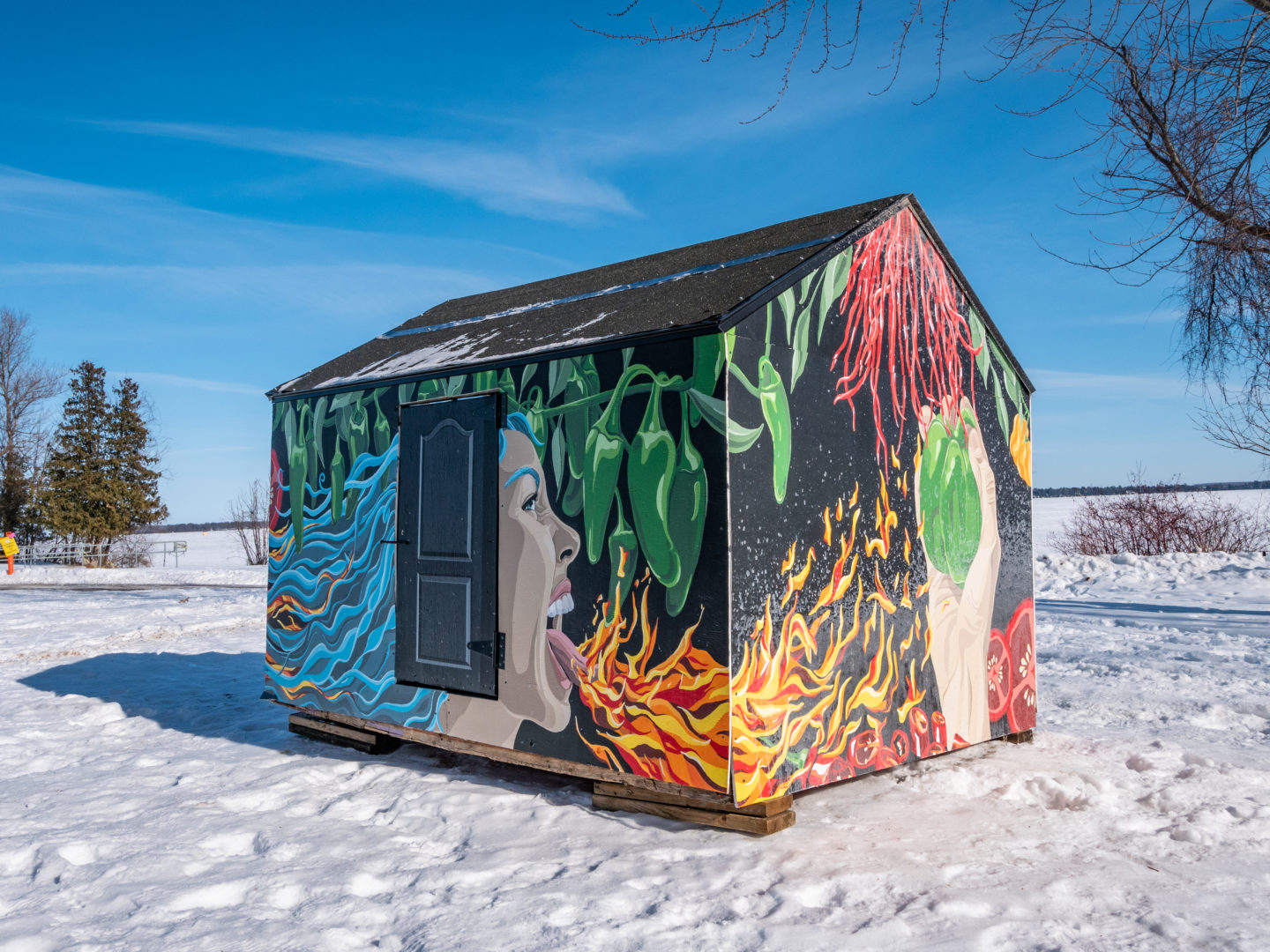 A painted ice fishing hut