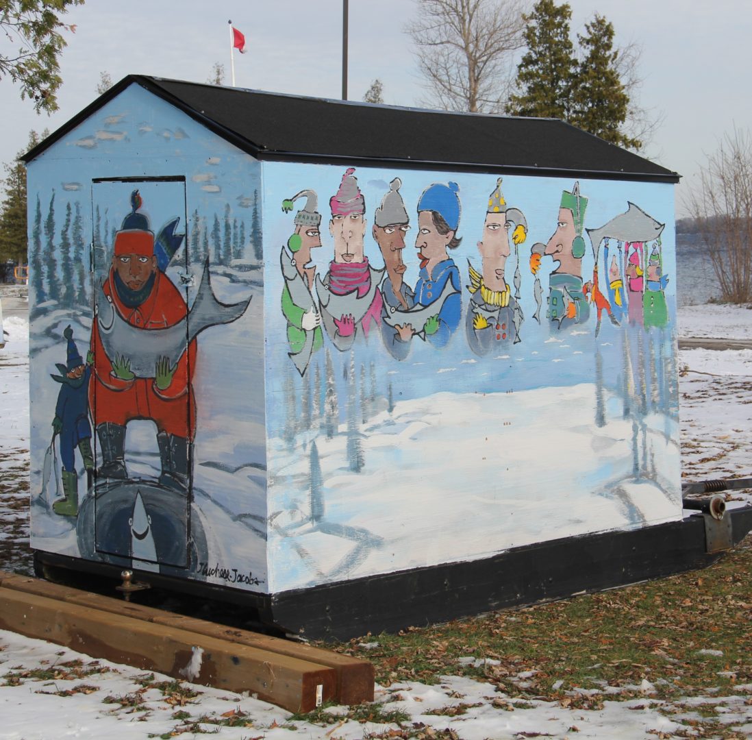 A painted ice fishing hut