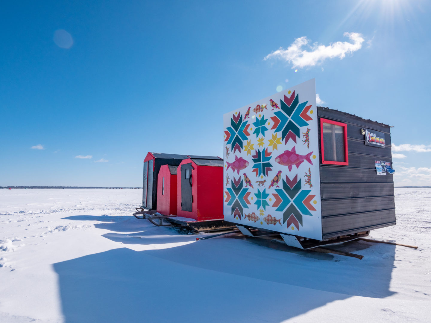 A painted ice fishing hut