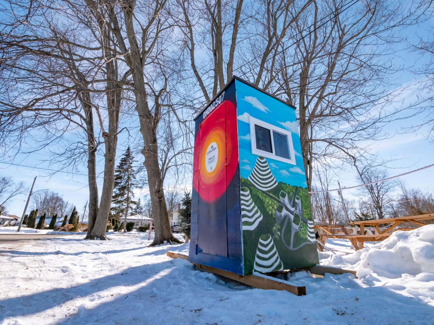 A painted ice fishing hut