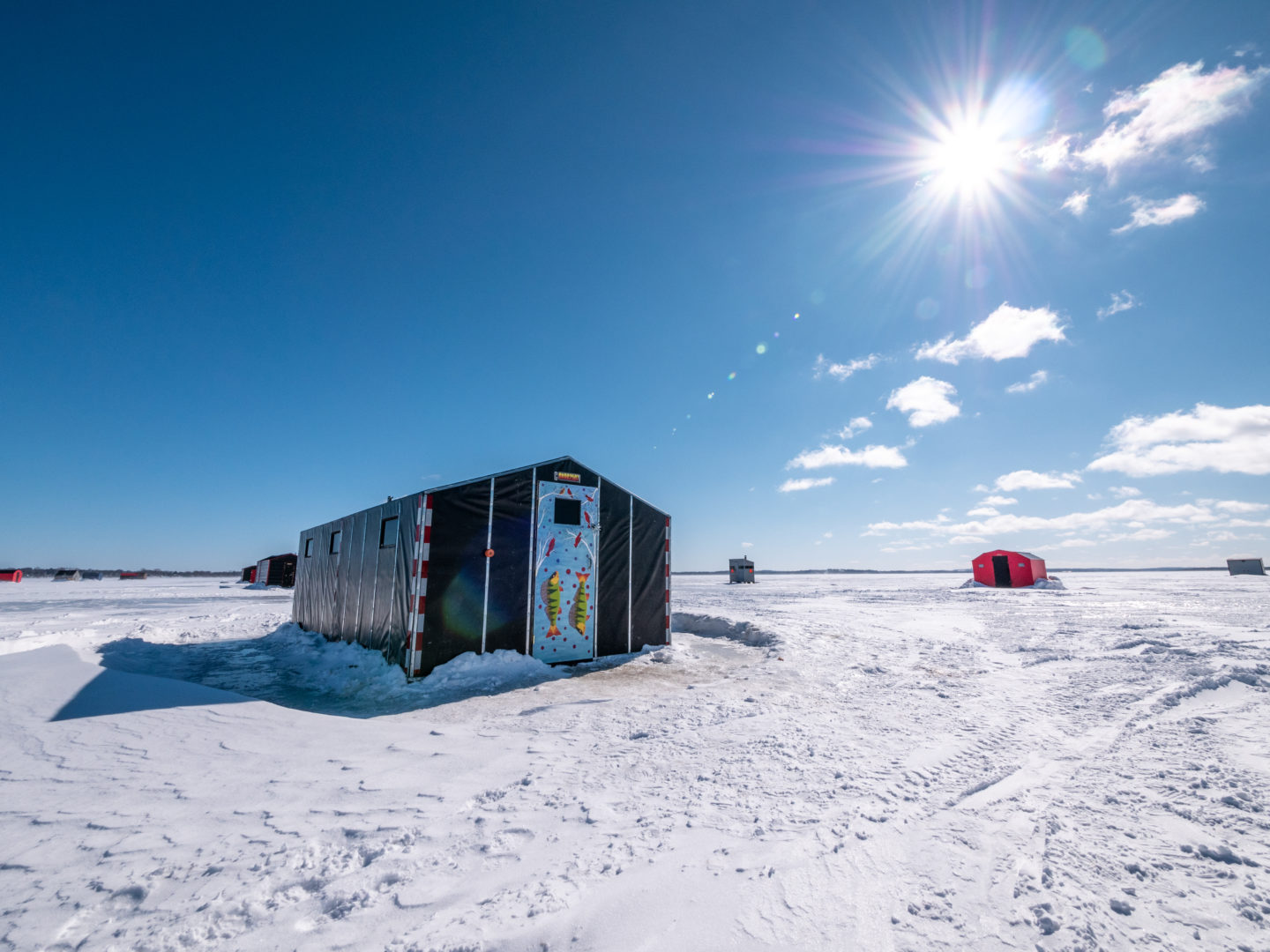 A painted ice fishing hut