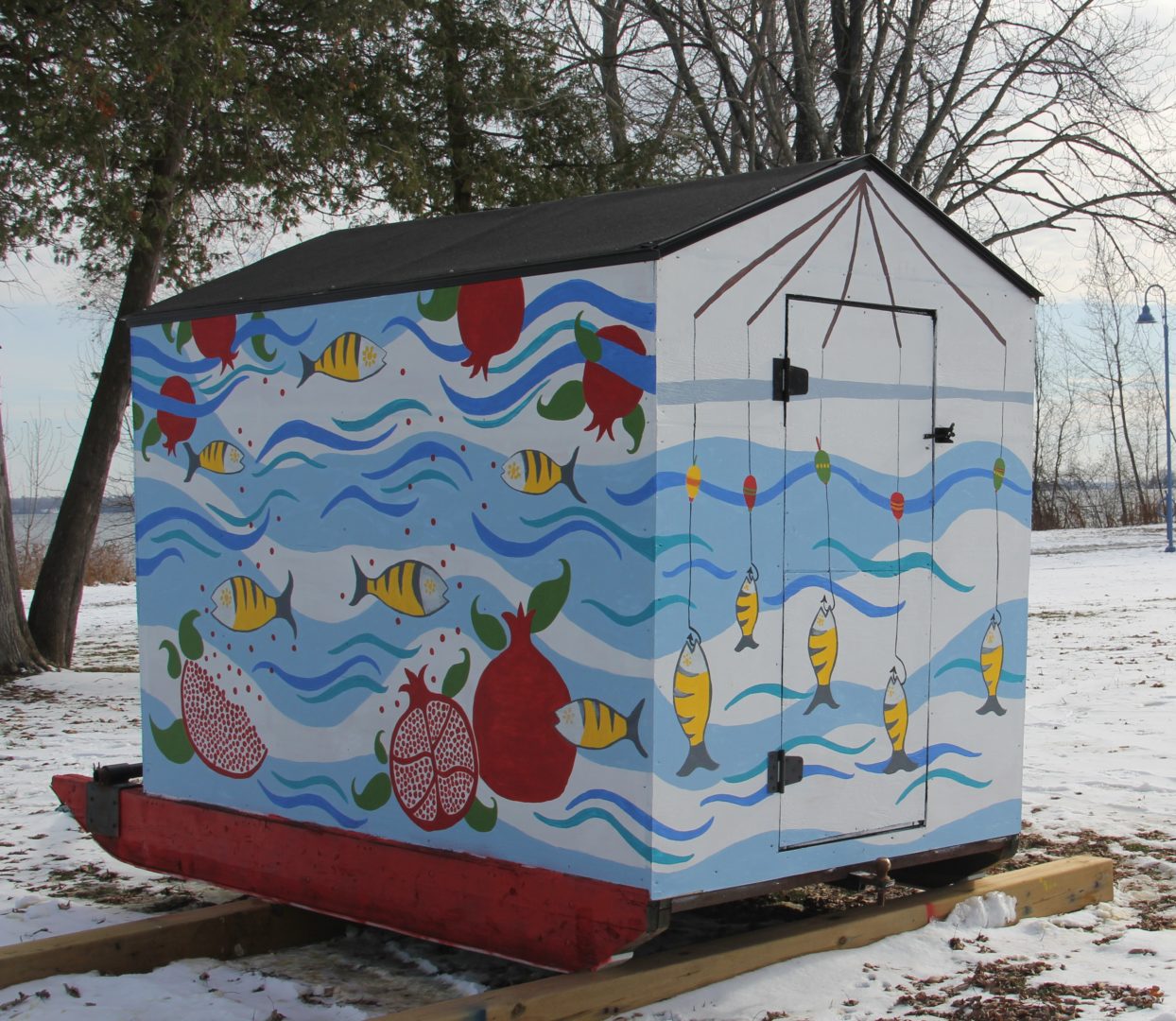 A painted ice fishing hut