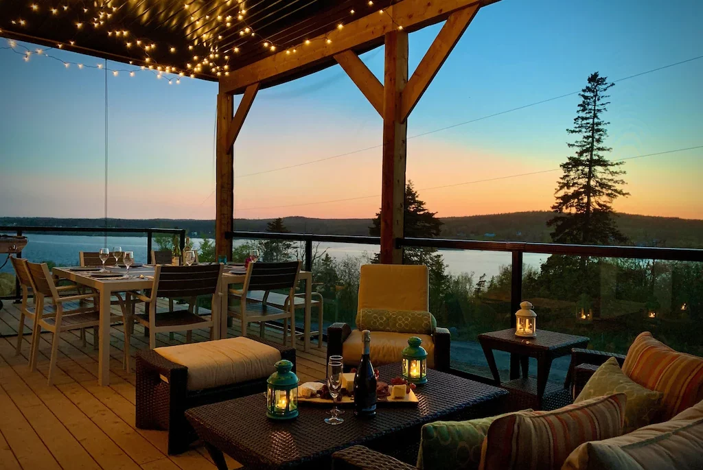 Outdoor patio with fairy lights at sunset