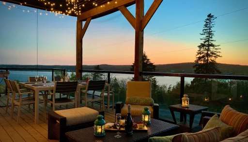 Outdoor patio with fairy lights at sunset