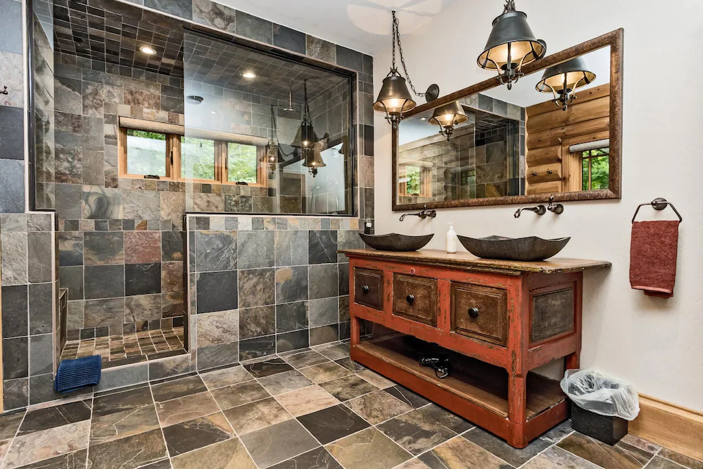 Tiled bathroom with vanity