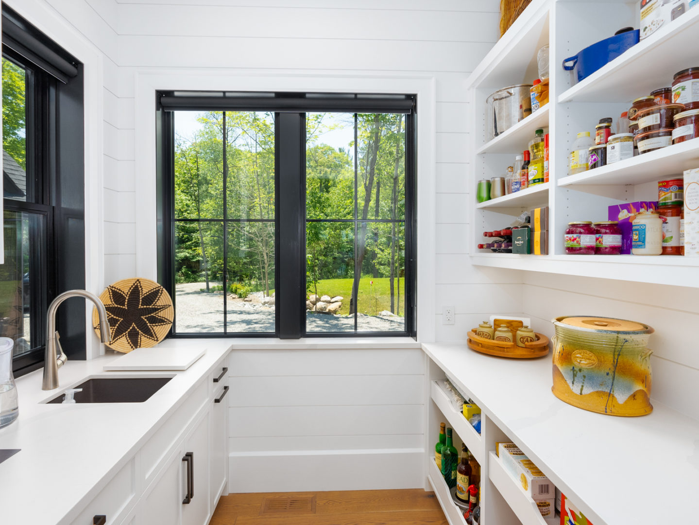 A spacious walk-in kitchen pantry area with a sink, ample shelving, and a big window looking out to green space with trees.