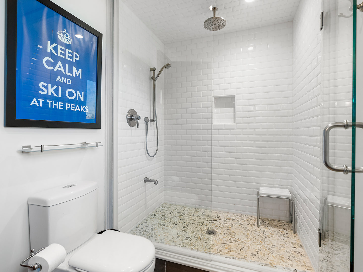A bathroom with a toilet and a large walk-in shower.
