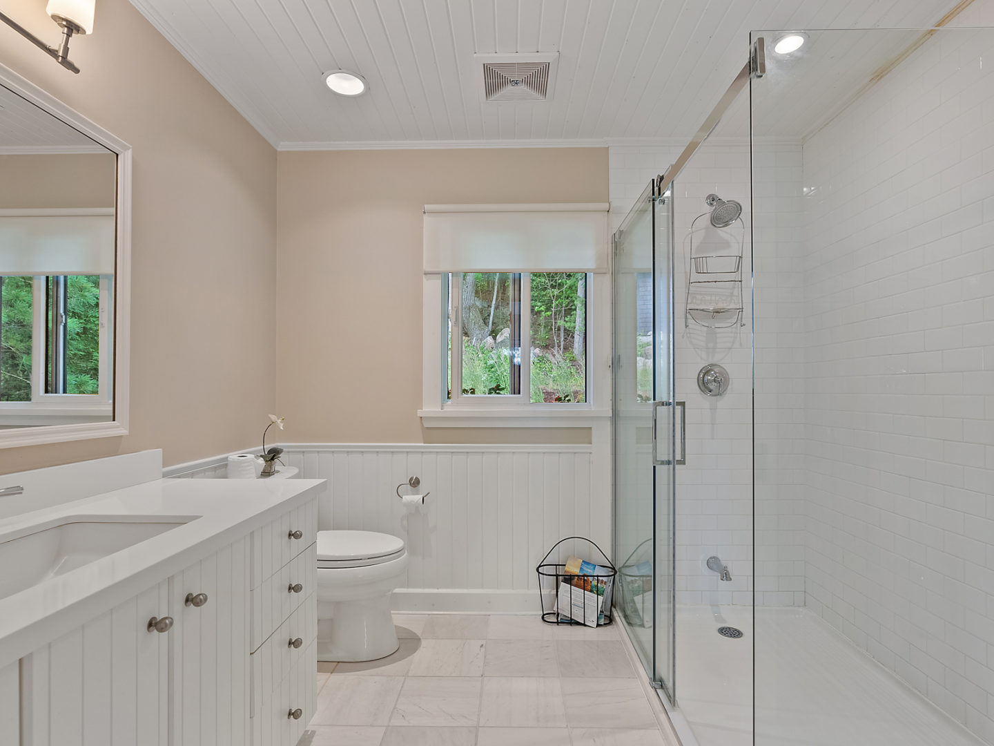 A large ensuite bathroom with a walk-in shower, a toilet and a sink.