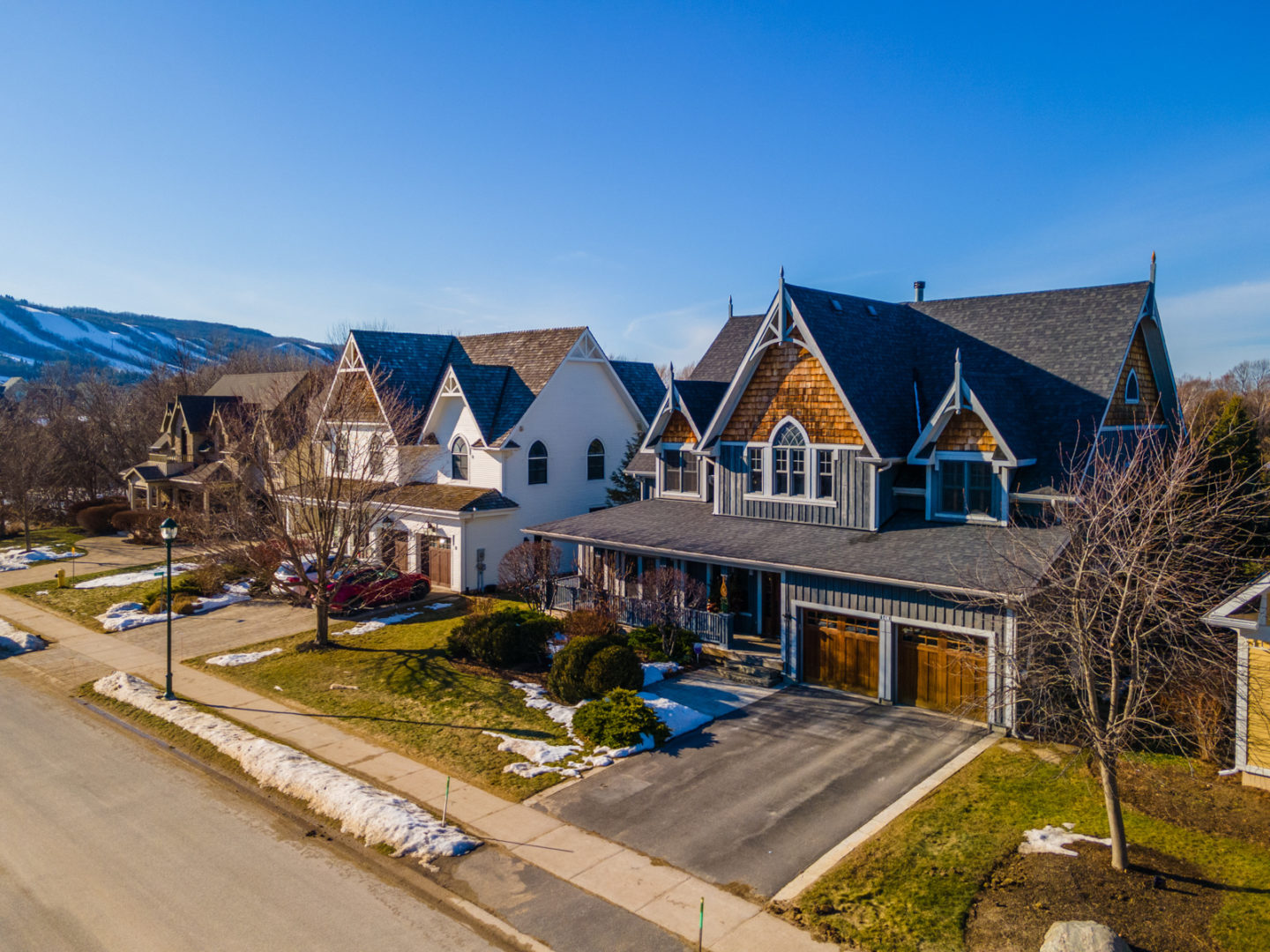 A luxury suburban street with large homes and a snowy mountain in the background.