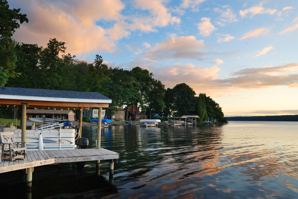 A busy lake shoreline