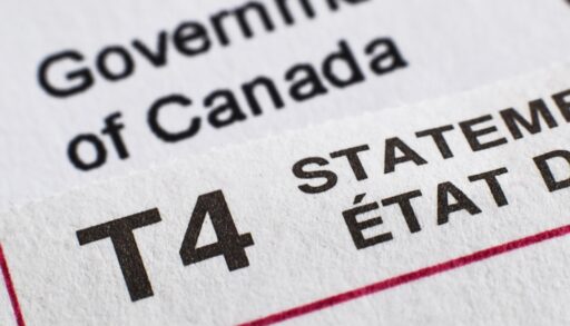 Closeup T4 Government of Canada statement for income tax filing