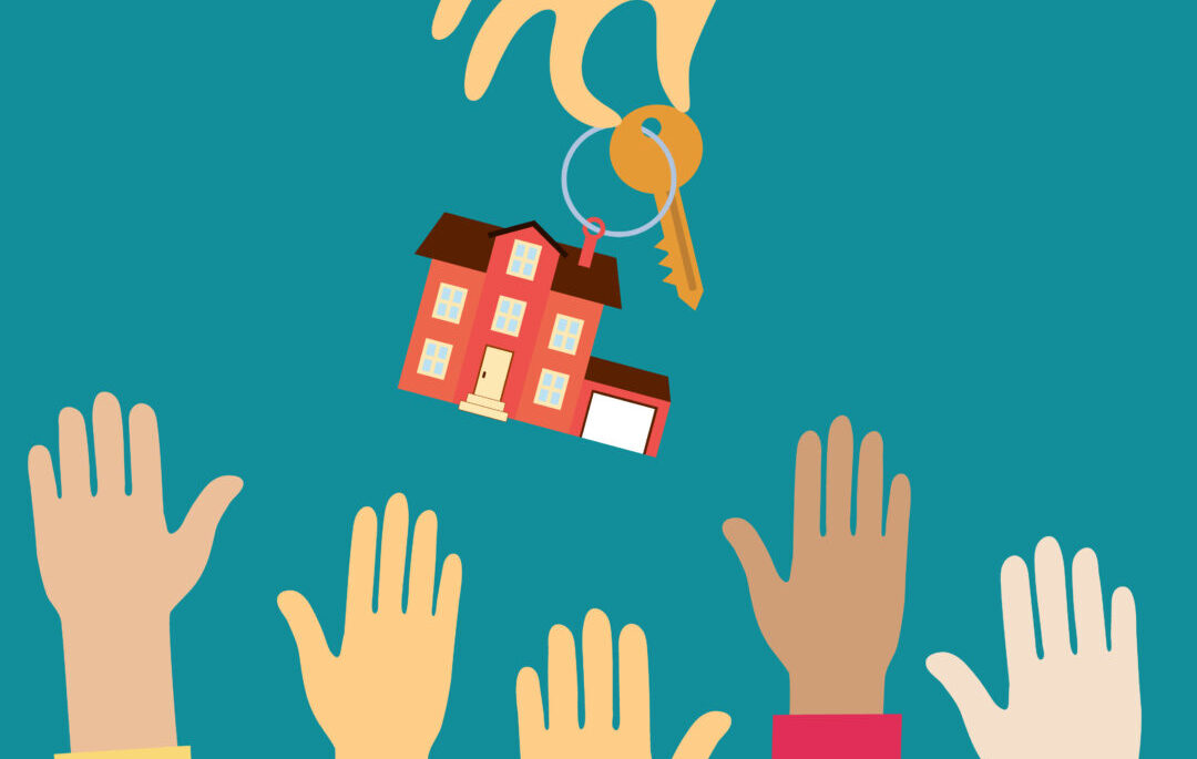 hand real estate agent holding holds a key with a tag in the form of homes, and buyers are putting up hands. Gen X
