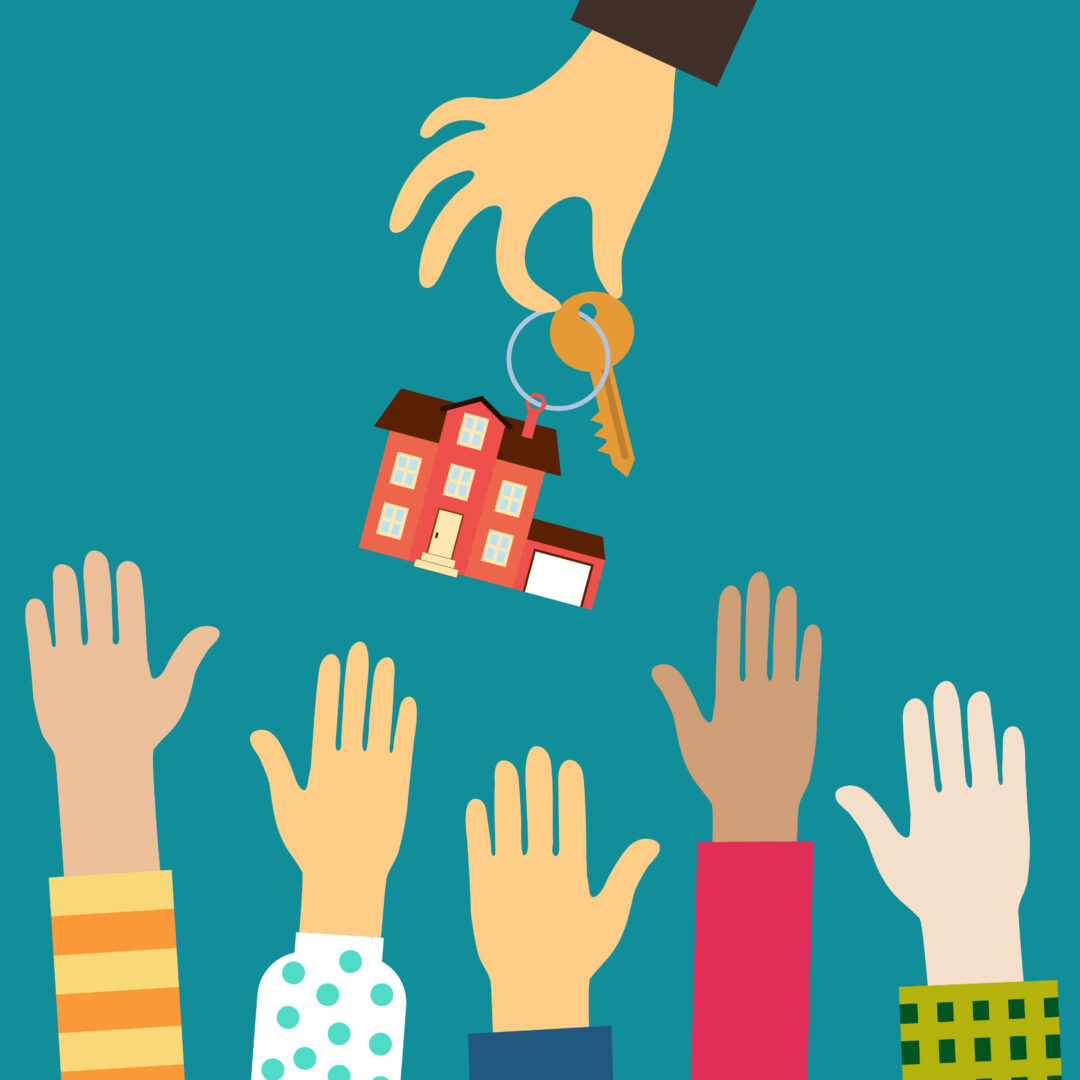 hand real estate agent holding holds a key with a tag in the form of homes, and buyers are putting up hands. Gen X