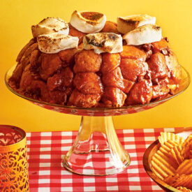 S'more pull apart bread on a cake dish on a table