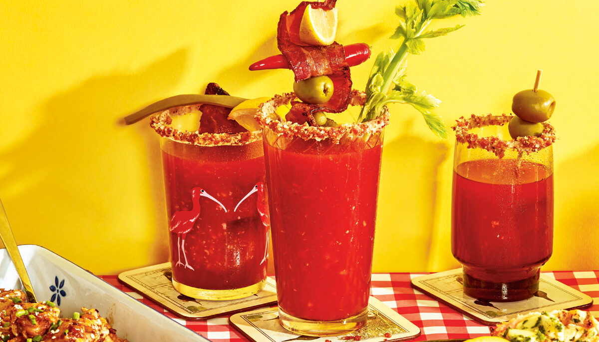 Caesar cocktails with bacon garnishes