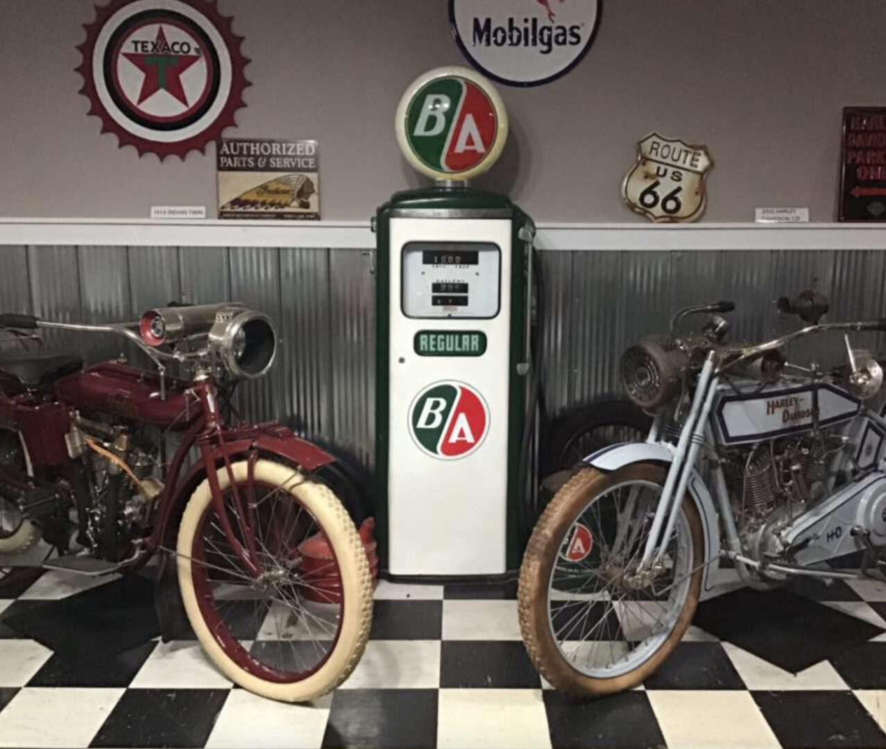 motorcycles inside Iron Rooster Rotisserie and Grill