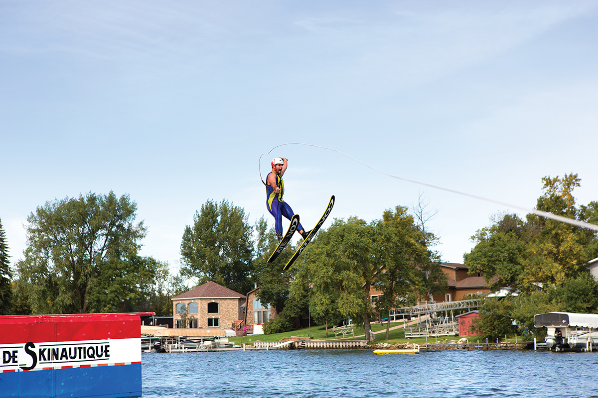 Jamie Teetaert sailing off the Club de Skinautique jump on Lake Metigoshe.