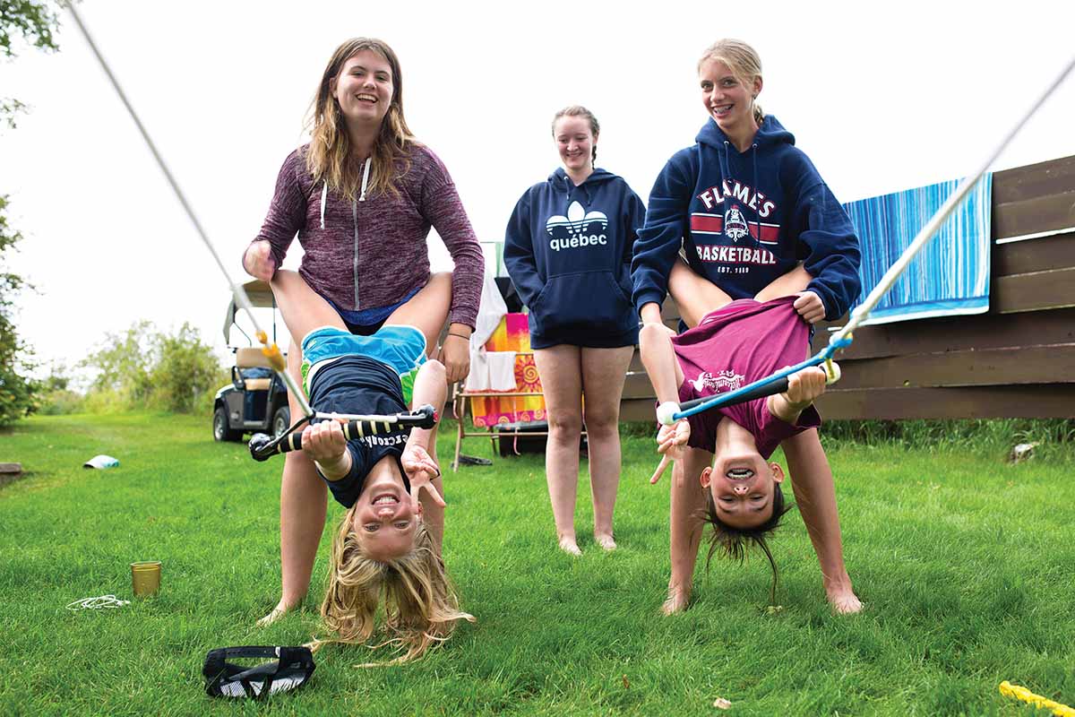 MacKenzie Gray, Wynter Cowan, Ireland Cowan and Kennedy Gray practice waterski moves with ropes at Chantelle Deslauriers' cabin on Lake Metigoshe.