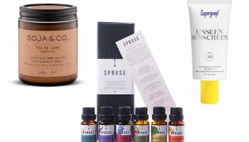Collage with image of brown candle, essential oils, and supergoop sunscreen tube
