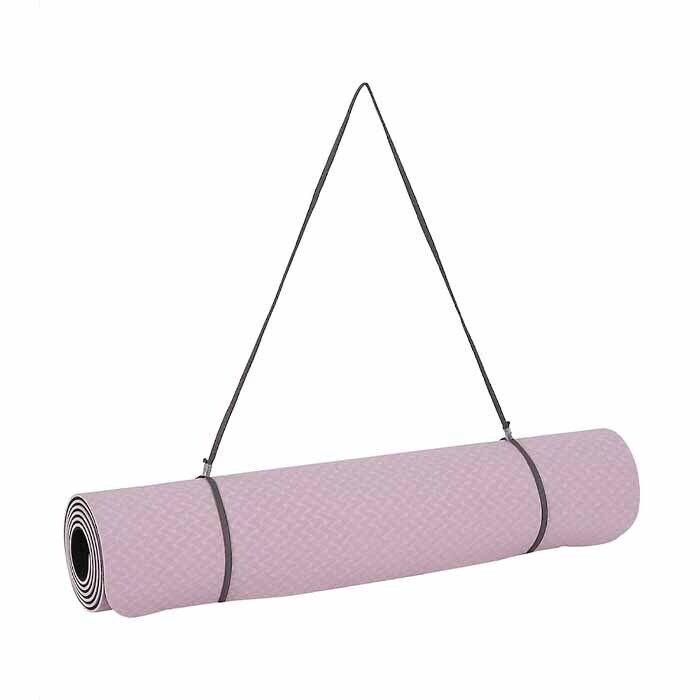 Pink yoga mat rolled up with black interior