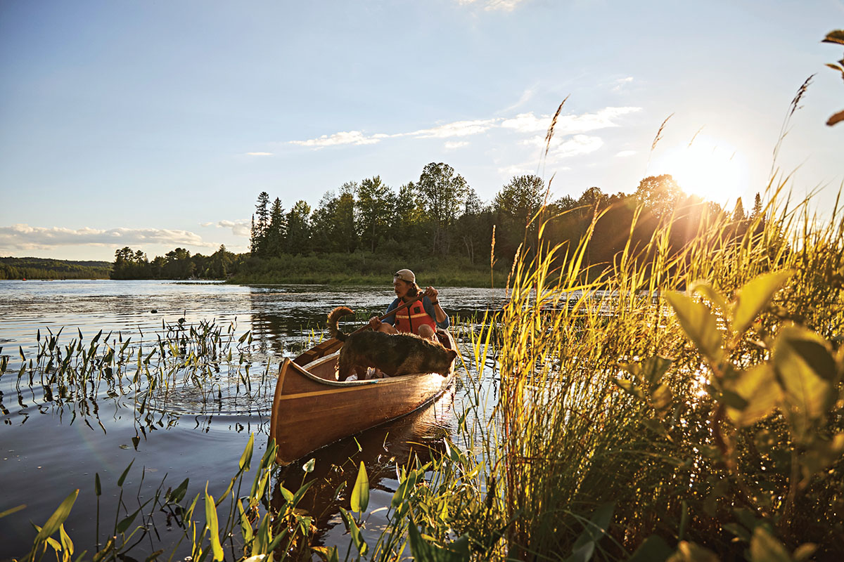 Andrew and their dog in the canoe on the lake