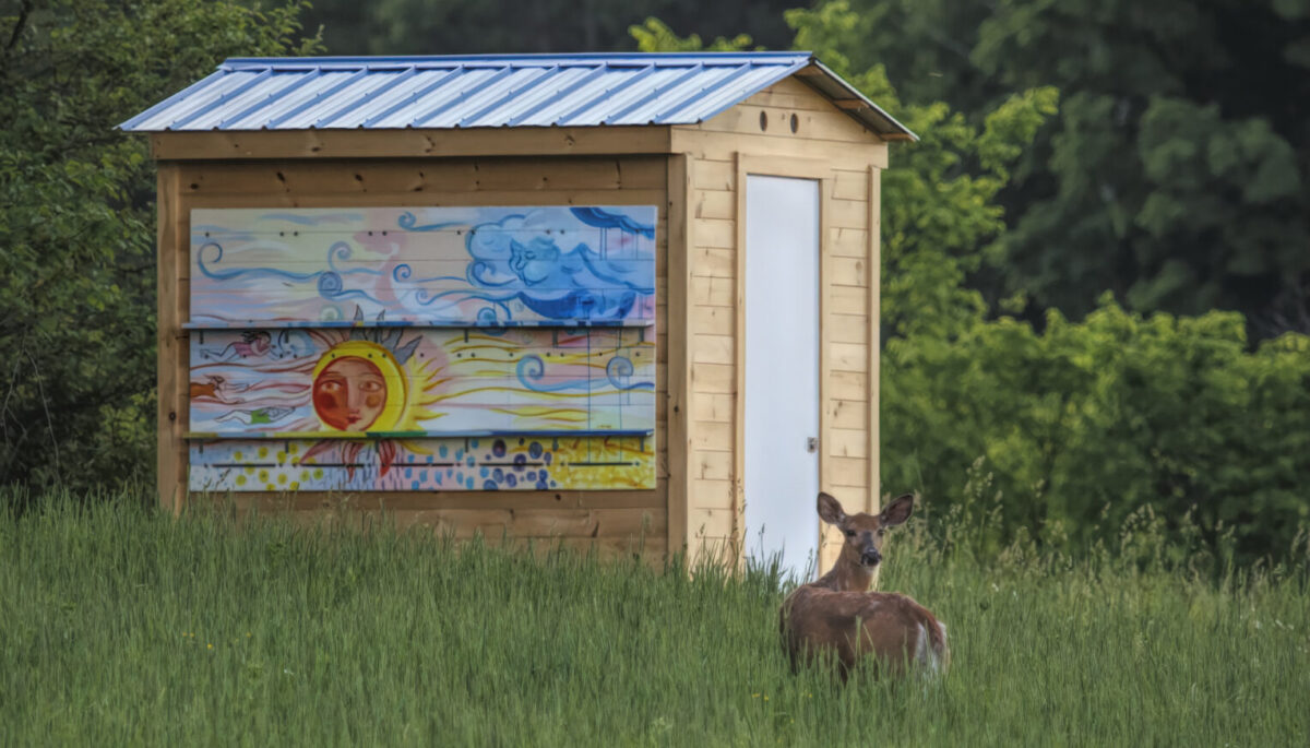 Deluxe EZHouse at Leystone Farms, mural of sun and clouds painted on left wall by Iris Kiwiet, deer in front of hive turning towards camera
