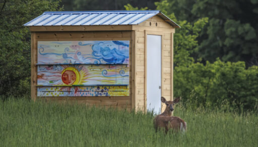 Deluxe EZHouse at Leystone Farms, mural of sun and clouds painted on left wall by Iris Kiwiet, deer in front of hive turning towards camera