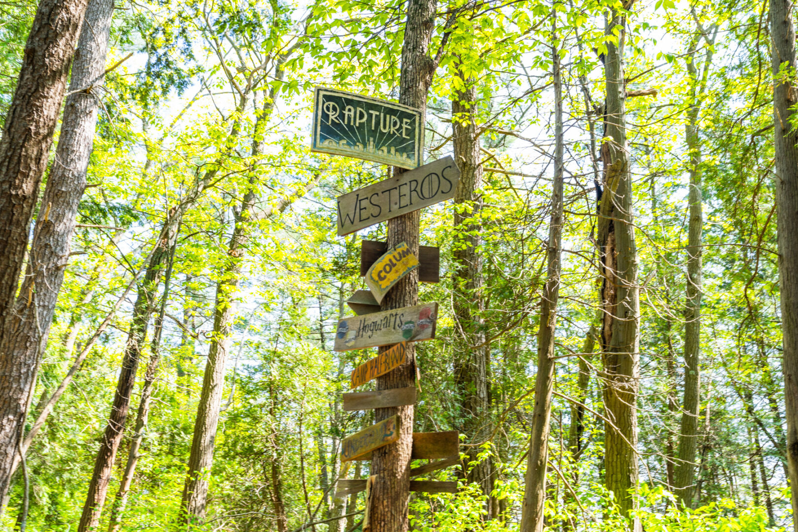 A post with multiple signs pointing to fictional places like Westeros, Hogwarts, and Camp Half-Blood.