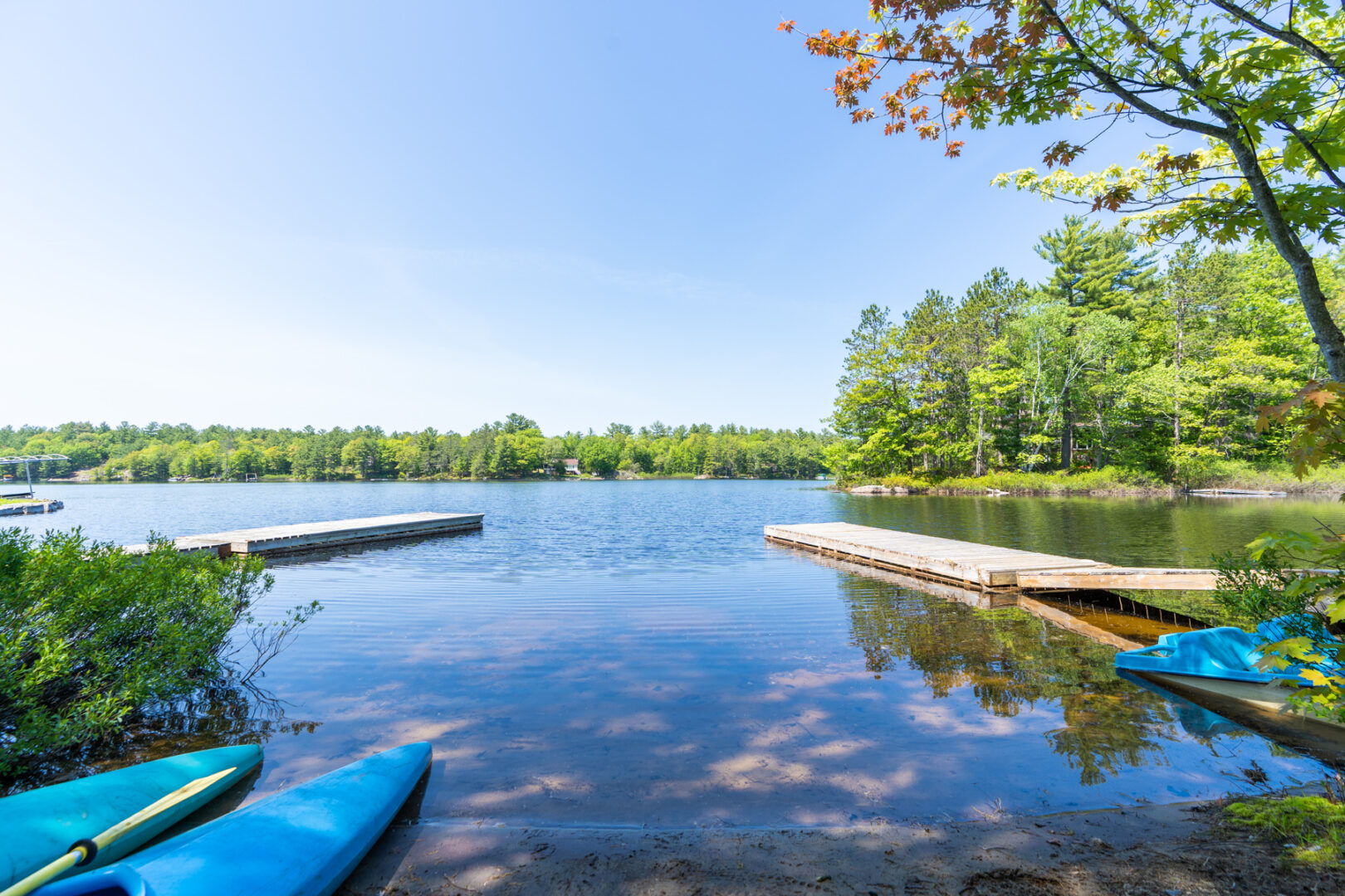 A small, shady lakeside beach area with two blue kayaks on the shore.A long dock stretches into the peaceful lake.
