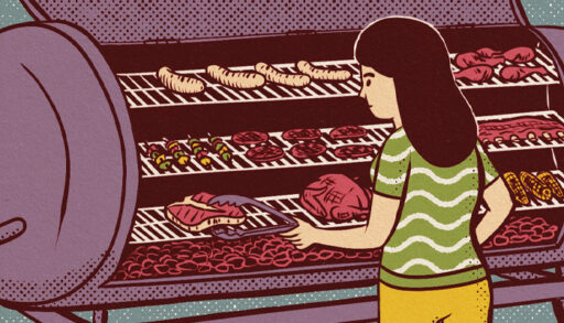 illustration of a woman at a mixed grill