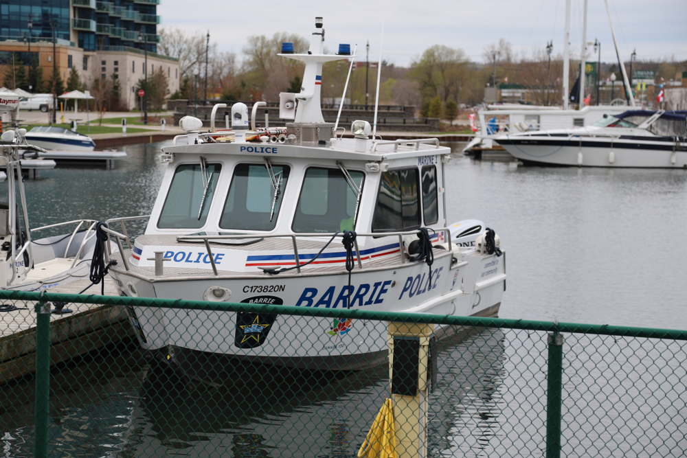A Barrie police boat sits docked in the City of Barrie marina. Police deal with boat theft in the area