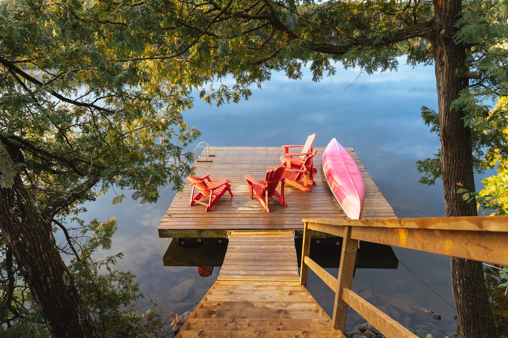 Stairs descend to a lakeside dock, muskoka listings