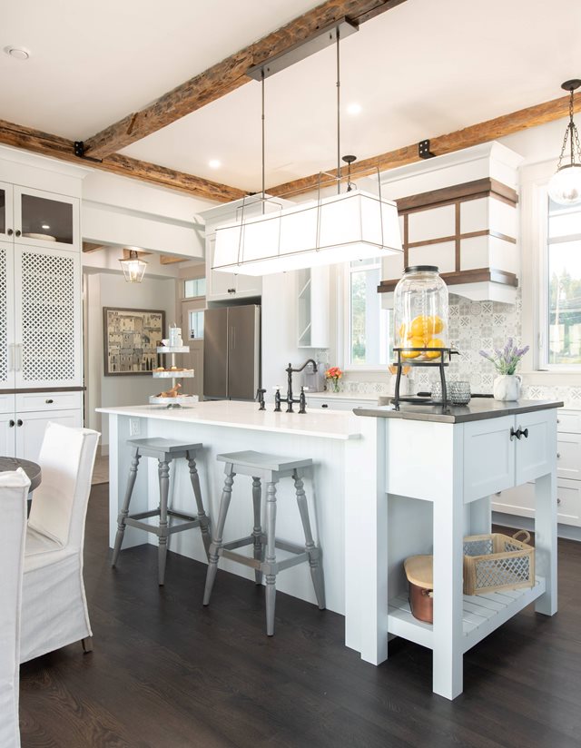 kitchen with white cabinets and island with metal stools