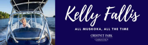 A picture of Kelly Fallis on a boat next to a logo with a dark blue background white, cursive text.